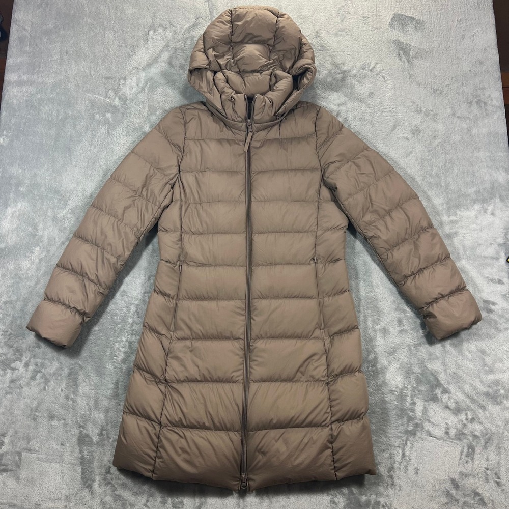 UNIQLO Ultra Light Down Hooded Coat Womens XS Taupe Brown Puffer Jacket Long